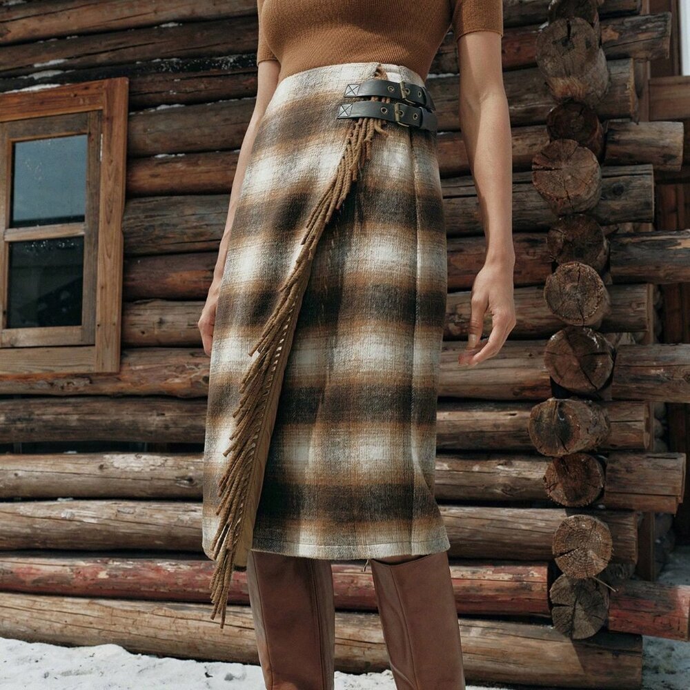 Multicolor Casual Women's Tassel Patchwork Plaid A-Line Skirt - Picture 7 of 7